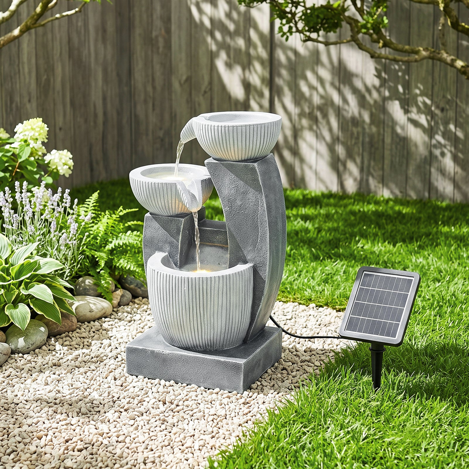 Solar-Powered Garden Water Fountain Natural Stone Look with LED Lights